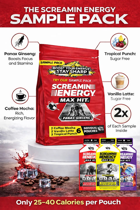 Screamin Energy Extra Strength Energy Sample Pack 6 Pouches Vital 4U