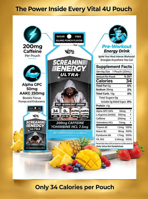 Screamin Energy Ultra 200 mg Caffeine Liquid Energy Shot Island Punch