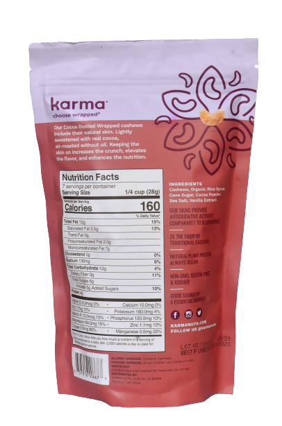 Karma Cocoa Dusted Wrapped Cashews Air-Roasted Snack Packs Karma