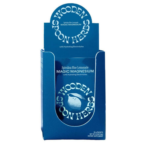Magic Magnesium Spirulina Blue Lemonade Powder Sachets Wooden Spoon Herbs