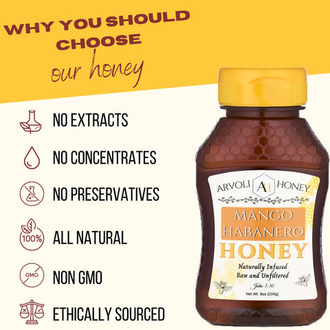 Honey Mango Habanero Honey Bottle 8 oz Arvoli