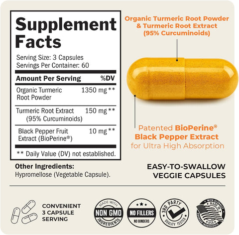 Bio Schwartz Turmeric Curcumin with Black Pepper Extract 1500mg - 180 Capsules