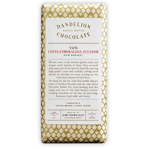 Dandelion Chocolate 70% Cocoa Bar Costa Esmeraldas Ecuador 2OZ