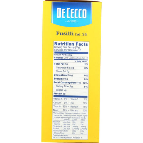 Fusilli No 34 Pasta 16 oz DE CECCO