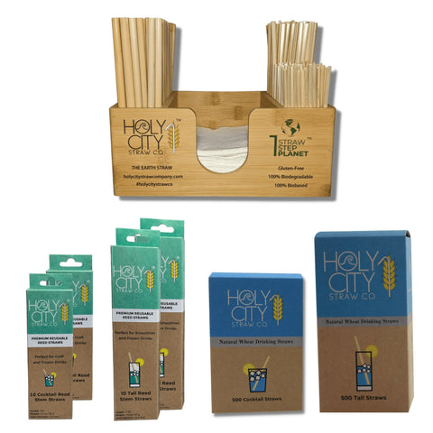 Premium Bamboo Bar Caddy and Cocktail Straws Home Bar Starter Package Holy City Straw Company
