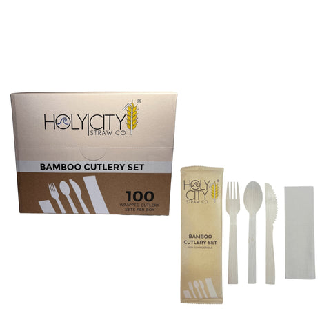 Bamboo Wrapped Cutlery Set Natural Disposable Cutlery Holy City Straw Company