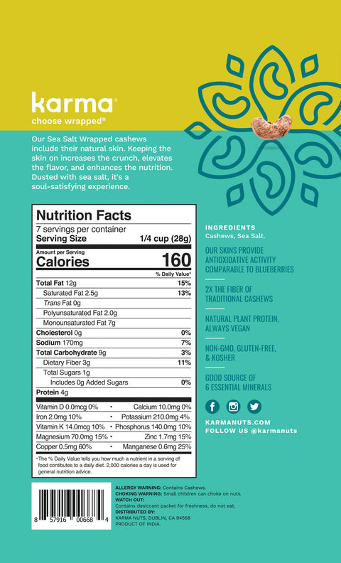 Sea Salt Wrapped Natural Skin Cashews Karma