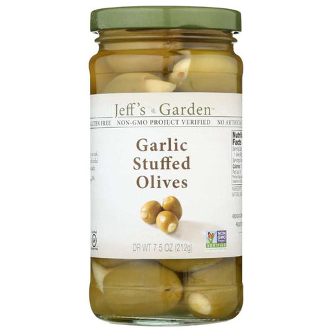 Garlic Stuffed Olives Gourmet Garnish Snack 7.5 oz JEFFS GARDEN