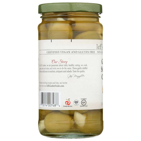 Garlic Stuffed Olives Gourmet Garnish Snack 7.5 oz JEFFS GARDEN
