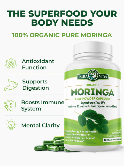 USDA Organic Pure Leaf Moringa Capsules 120 Ct.