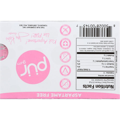 Bubblegum Flavor Aspartame Free Sugar Free Gum 9 pc PUR
