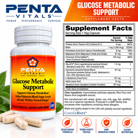 Penta Vitals Glucose Metabolic Support – Blood Sugar & Glucose Metabolism Support | 90 Veg Capsules