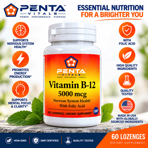 Penta Vitals Vitamin B-12 5000 mcg with Folic Acid – 60 Lozenges