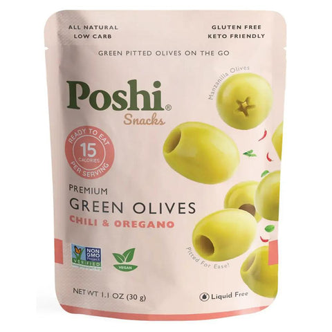 Chili & Oregano Pitted Green Olives Single-Serve Pouch Poshi