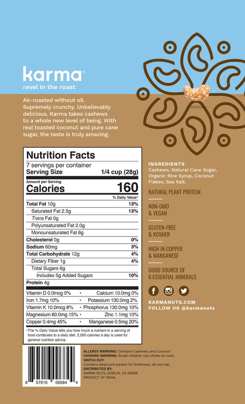 Toasted Coconut Roasted Cashews Snack Packs Karma