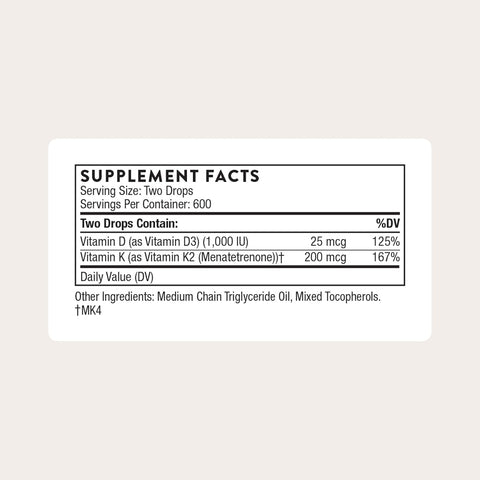 THORNE - Vitamin D + K2 Liquid - 1 Fl Oz (30 ml) - 600 Servings