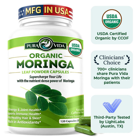 USDA Organic Pure Leaf Moringa Capsules 120 Ct.