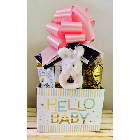 Large Hello Baby Gift Box - Welcome Baby Basket with Plush Rattle & Gourmet Treats