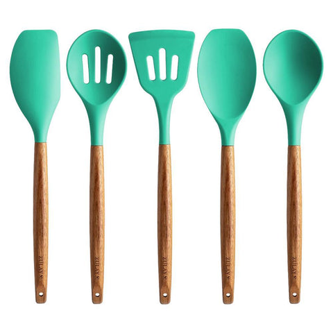 Aqua Silicone Utensils Set with Wooden Handles Kitchen Utensils Zulay Kitchen